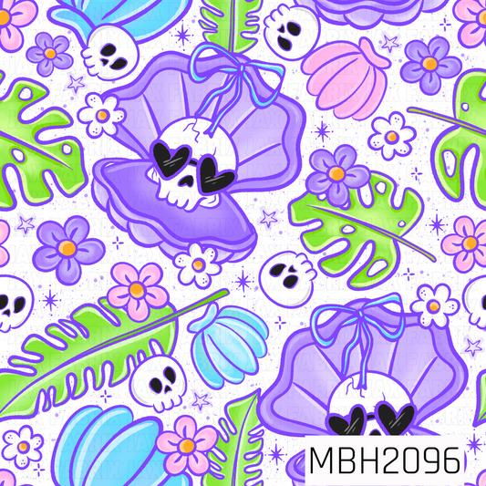 cartoon looking pattern with an open oyster with a skull wearing heart glasses inside  with a bow on top. Skulls, leaves, flowers, shells on a white background . summer vibe