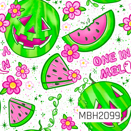 Pattern of watermelons with faces, slices, and flowers on a white background with 'ONE IN MELON' and flowers
