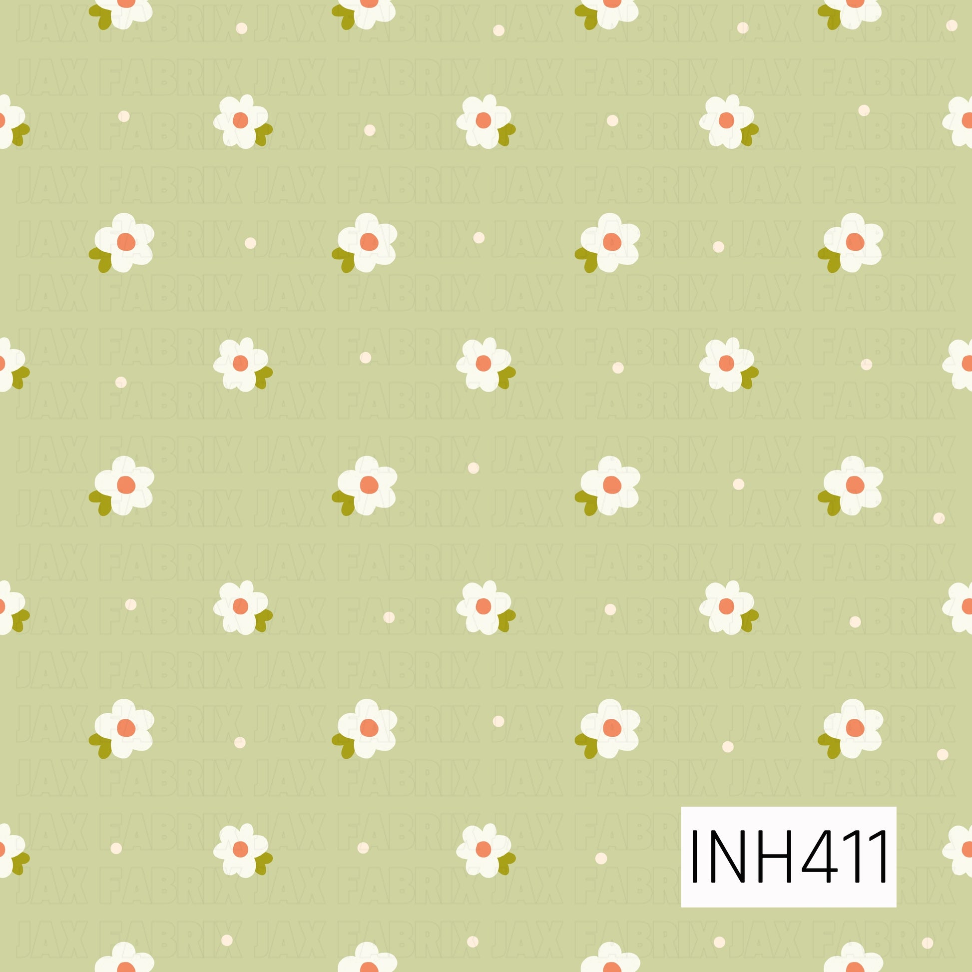 A cheerful floral toss featuring petite white blossoms with coral centers, olive-green leaves, and tiny cream dots scattered across a soft sage-green background.
