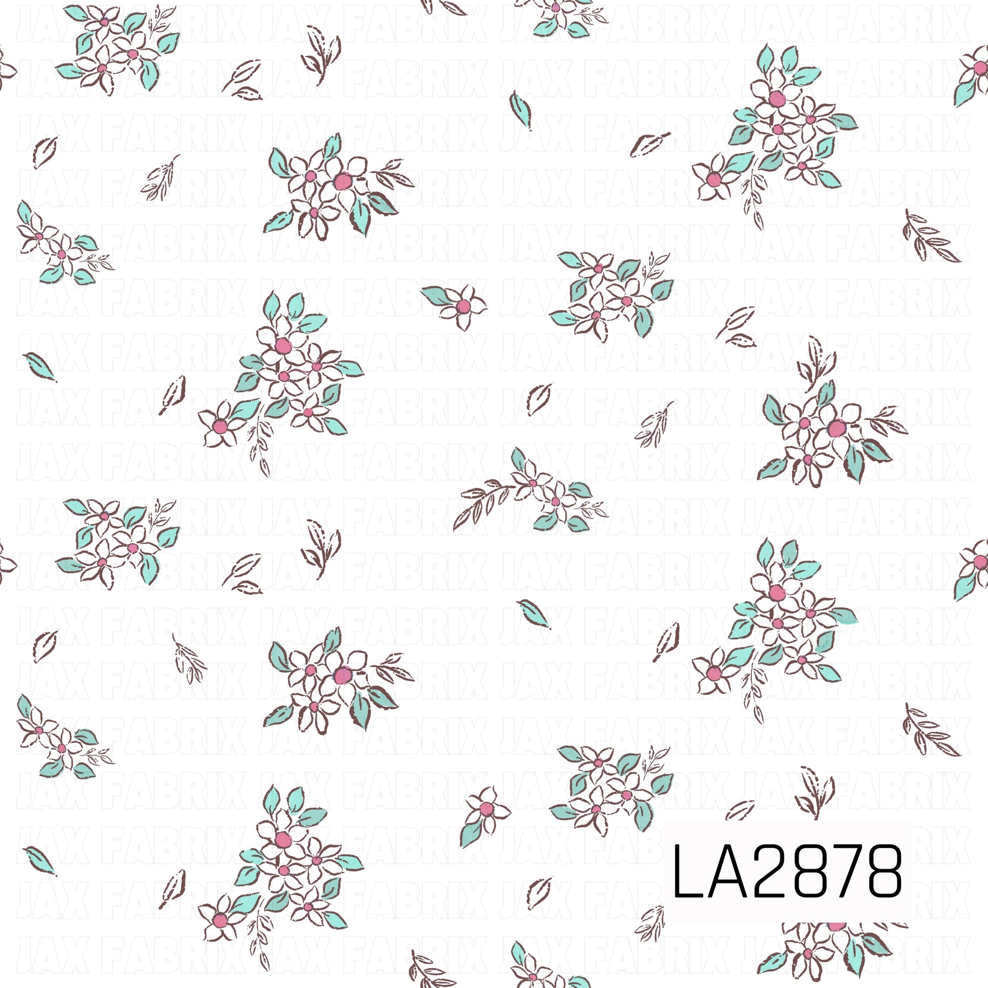 A delicate ditsy floral pattern featuring small white flowers with soft pink centers, accented by mint green leaves and warm brown stems. Scattered across a crisp white background, the fresh color palette creates a charming vintage-inspired design that's perfect for coordinating fabrics and bows.
