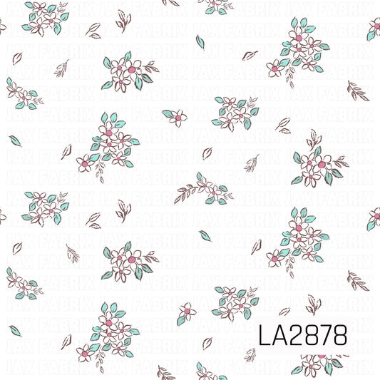 A delicate ditsy floral pattern featuring small white flowers with soft pink centers, accented by mint green leaves and warm brown stems. Scattered across a crisp white background, the fresh color palette creates a charming vintage-inspired design that's perfect for coordinating fabrics and bows.
