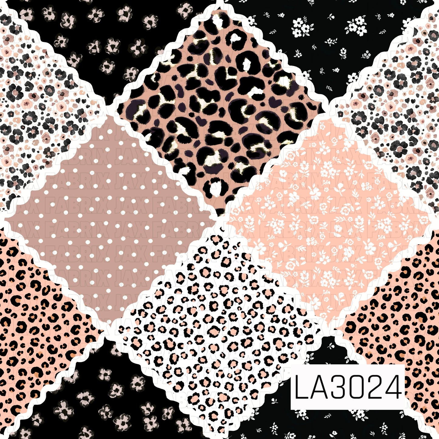 A bold and playful patchwork design featuring a fun mix of leopard prints, delicate florals, and sweet polka dots. Each patterned section is framed with a wavy white rickrack-style border, creating a charming quilt-inspired look. Shades of peach, blush pink, soft taupe, crisp white, and black bring the patterns together for a trendy mix of feminine florals and wild animal print.
