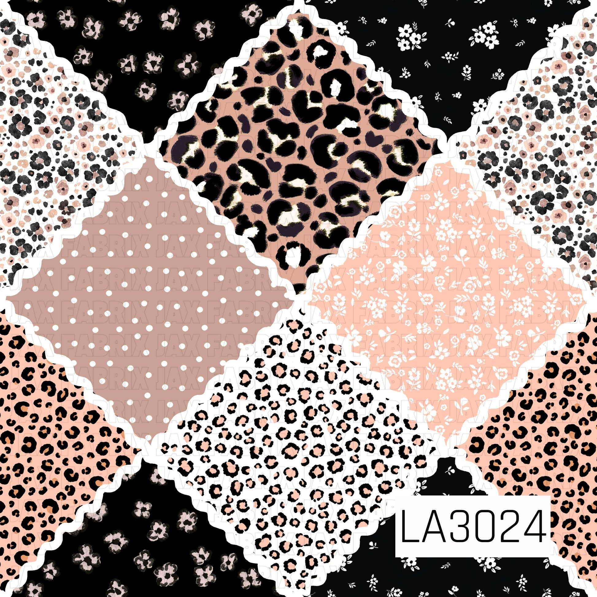 A bold and playful patchwork design featuring a fun mix of leopard prints, delicate florals, and sweet polka dots. Each patterned section is framed with a wavy white rickrack-style border, creating a charming quilt-inspired look. Shades of peach, blush pink, soft taupe, crisp white, and black bring the patterns together for a trendy mix of feminine florals and wild animal print.
