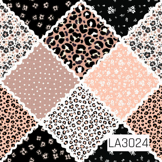 A bold and playful patchwork design featuring a fun mix of leopard prints, delicate florals, and sweet polka dots. Each patterned section is framed with a wavy white rickrack-style border, creating a charming quilt-inspired look. Shades of peach, blush pink, soft taupe, crisp white, and black bring the patterns together for a trendy mix of feminine florals and wild animal print.
