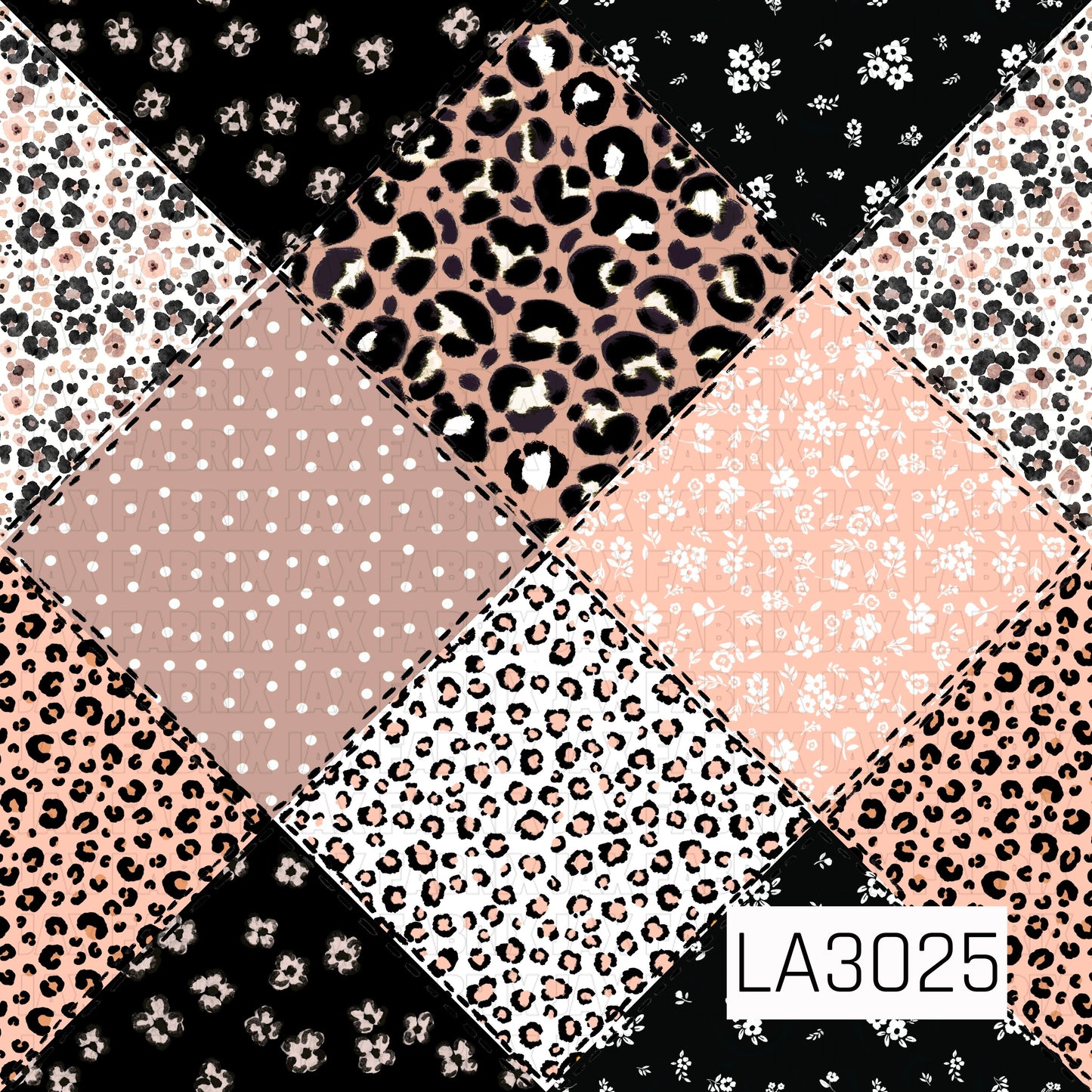A bold patchwork-inspired design featuring a trendy mix of leopard prints, delicate florals, and playful polka dots arranged in large geometric diamond sections. Contrasting black, white, peach, blush, and taupe patterns are brought together with sketchy black stitched-style borders, giving the print a charming handmade quilt effect. The combination of wild animal prints and feminine florals creates a fun, modern look with plenty of personality and texture.
