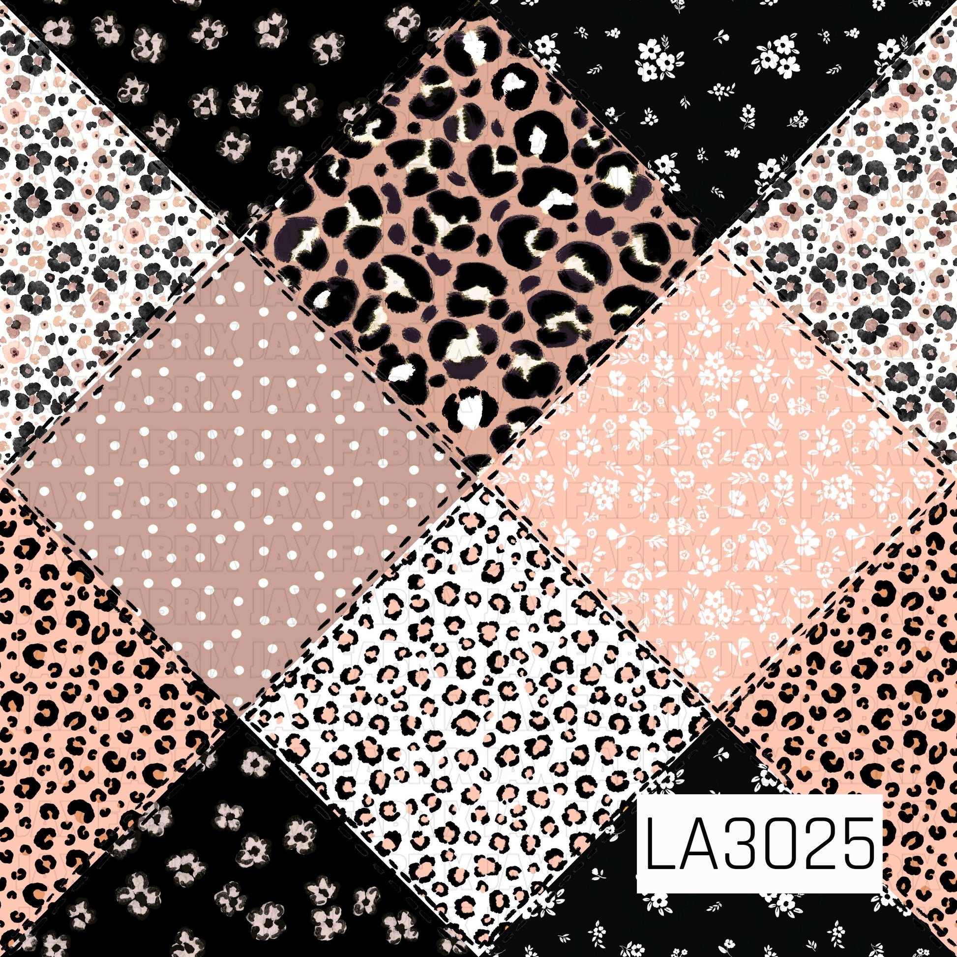 A bold patchwork-inspired design featuring a trendy mix of leopard prints, delicate florals, and playful polka dots arranged in large geometric diamond sections. Contrasting black, white, peach, blush, and taupe patterns are brought together with sketchy black stitched-style borders, giving the print a charming handmade quilt effect. The combination of wild animal prints and feminine florals creates a fun, modern look with plenty of personality and texture.
