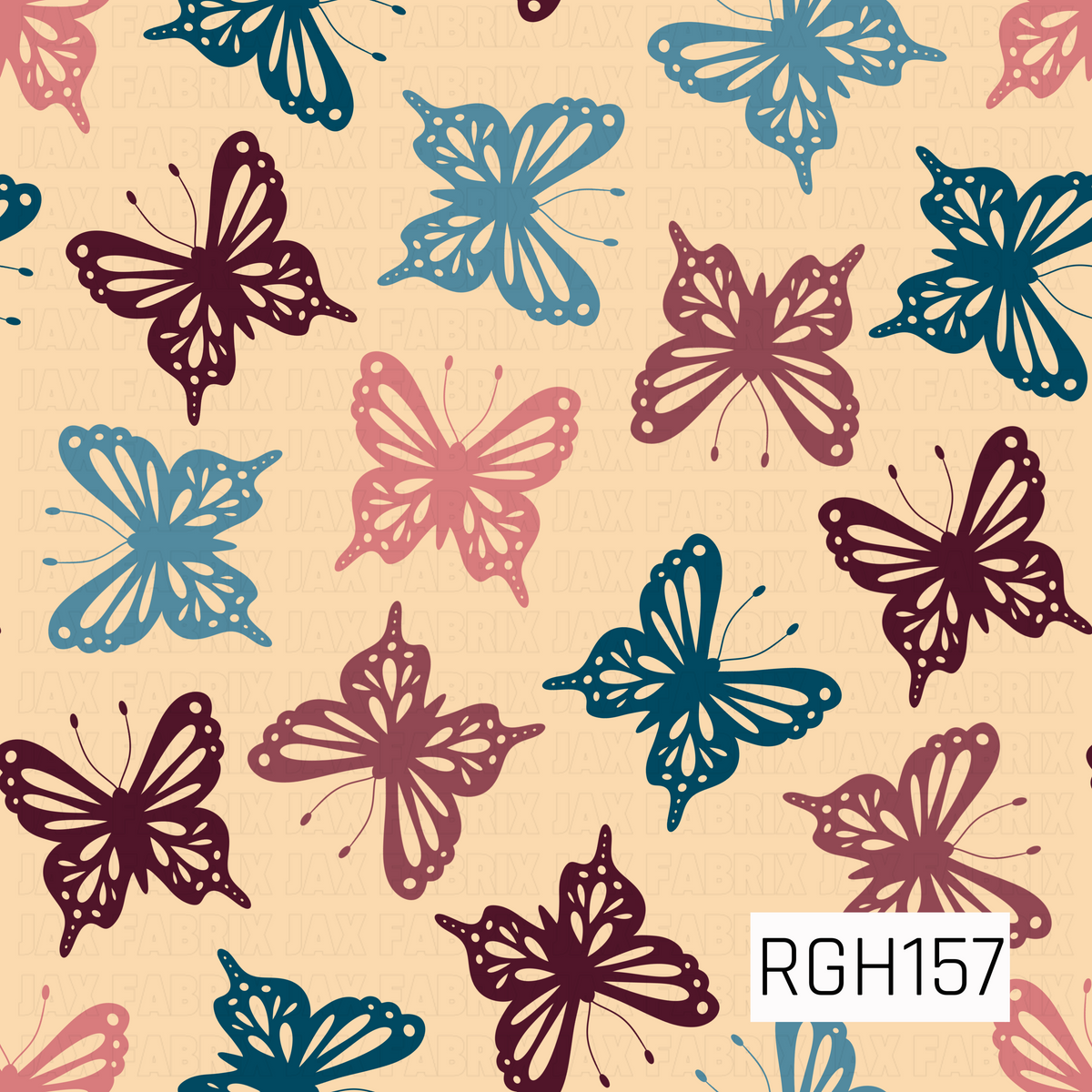 A whimsical butterfly pattern featuring intricately detailed butterflies in deep plum, dusty mauve, rosy pink, navy, and muted blue against a warm peachy cream background. The delicate wing cutouts and scattered arrangement create a playful, vintage-inspired design.