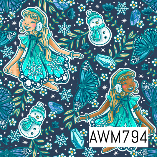 A whimsical winter seamless pattern featuring cheerful fairy girls in teal snowflake dresses, snowmen, icy blue butterflies, sparkling crystals, snowflakes, delicate flowers, and leafy sprigs on a deep navy background. This magical design is perfect for winter apparel, quilts, blankets, pajamas, nursery décor, bows, bags, and other seasonal sewing and crafting projects.