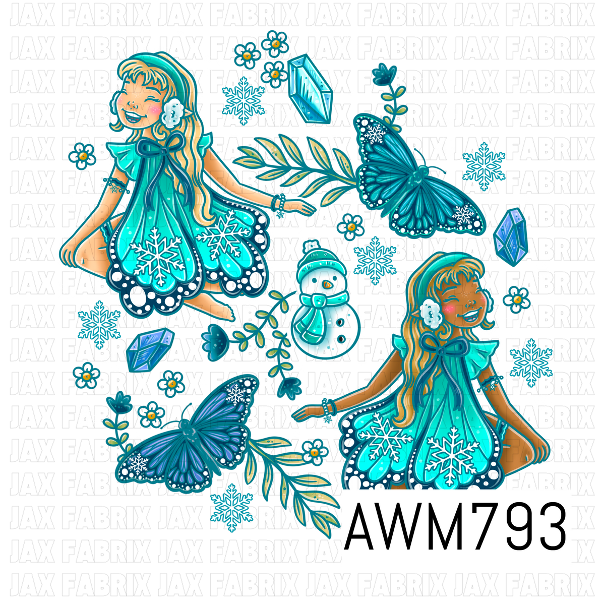 A whimsical PNG featuring cheerful winter fairy girls in teal snowflake dresses, icy blue butterflies, a snowman, sparkling crystals, snowflakes, delicate flowers, and leafy sprigs. This magical artwork is perfect for winter apparel, bows, blankets, bags, stickers, tumblers, nursery décor, and other seasonal crafting and sewing projects.
