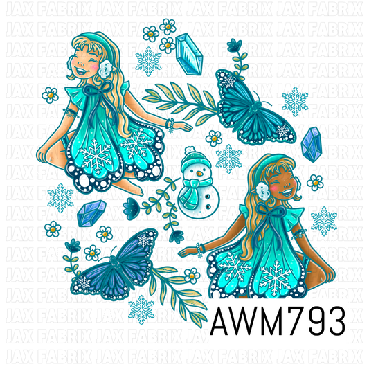 A whimsical PNG featuring cheerful winter fairy girls in teal snowflake dresses, icy blue butterflies, a snowman, sparkling crystals, snowflakes, delicate flowers, and leafy sprigs. This magical artwork is perfect for winter apparel, bows, blankets, bags, stickers, tumblers, nursery décor, and other seasonal crafting and sewing projects.