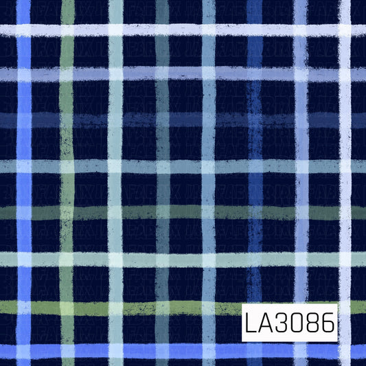 A hand-painted plaid design featuring layered horizontal and vertical brushstrokes in icy blue, periwinkle, soft sage, muted teal, and crisp white against a deep navy background. The textured, imperfect lines create a cozy, modern plaid with a cool winter-inspired color palette.
