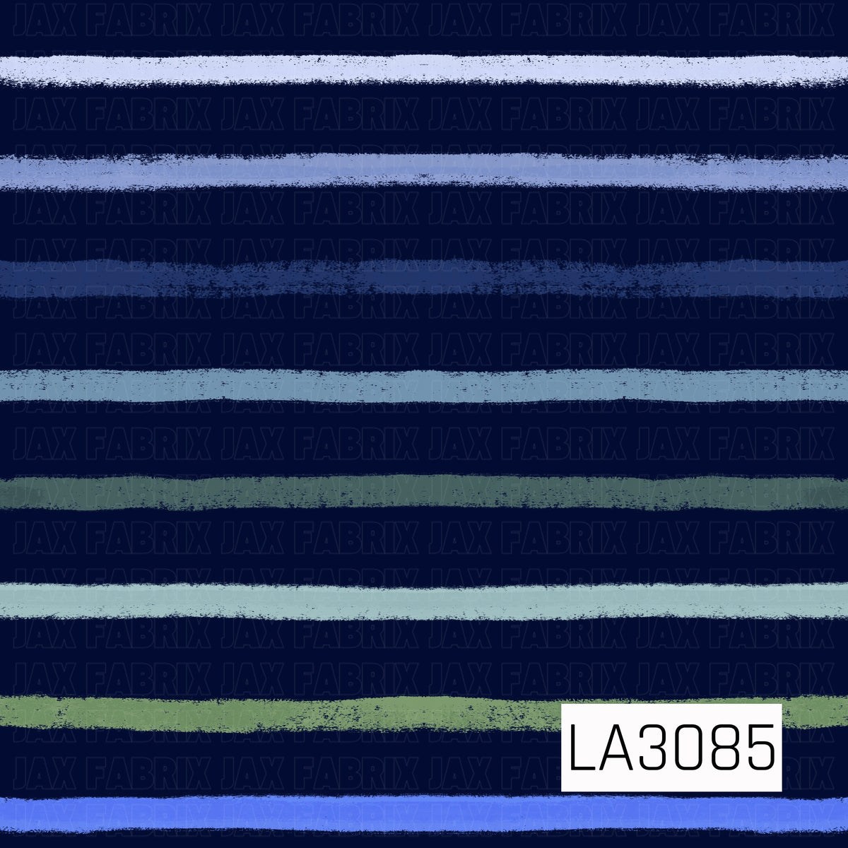A hand-painted striped design featuring uneven horizontal brushstrokes in a mix of icy blue, dusty teal, soft sage, pale green, and periwinkle against a deep navy background. The textured, imperfect strokes give the pattern a cozy, artistic feel with a cool winter-inspired color palette.
