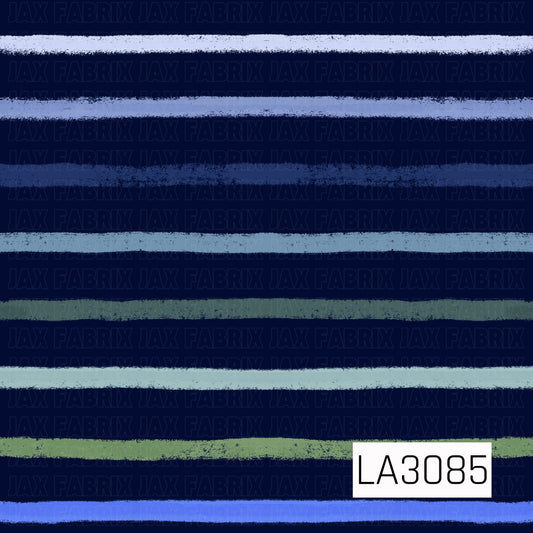 A hand-painted striped design featuring uneven horizontal brushstrokes in a mix of icy blue, dusty teal, soft sage, pale green, and periwinkle against a deep navy background. The textured, imperfect strokes give the pattern a cozy, artistic feel with a cool winter-inspired color palette.
