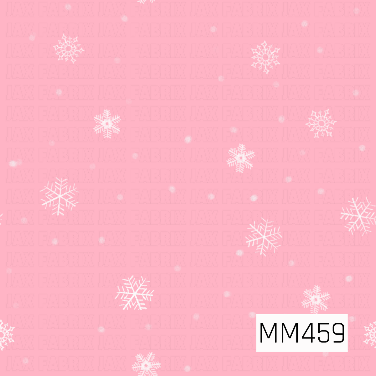 A sweet winter pattern featuring delicate white snowflakes in a variety of shapes and sizes scattered across a soft pink background. Subtle fuzzy snow dots fill the spaces between the larger flakes, creating a whimsical falling-snow effect with a playful, feminine feel.
