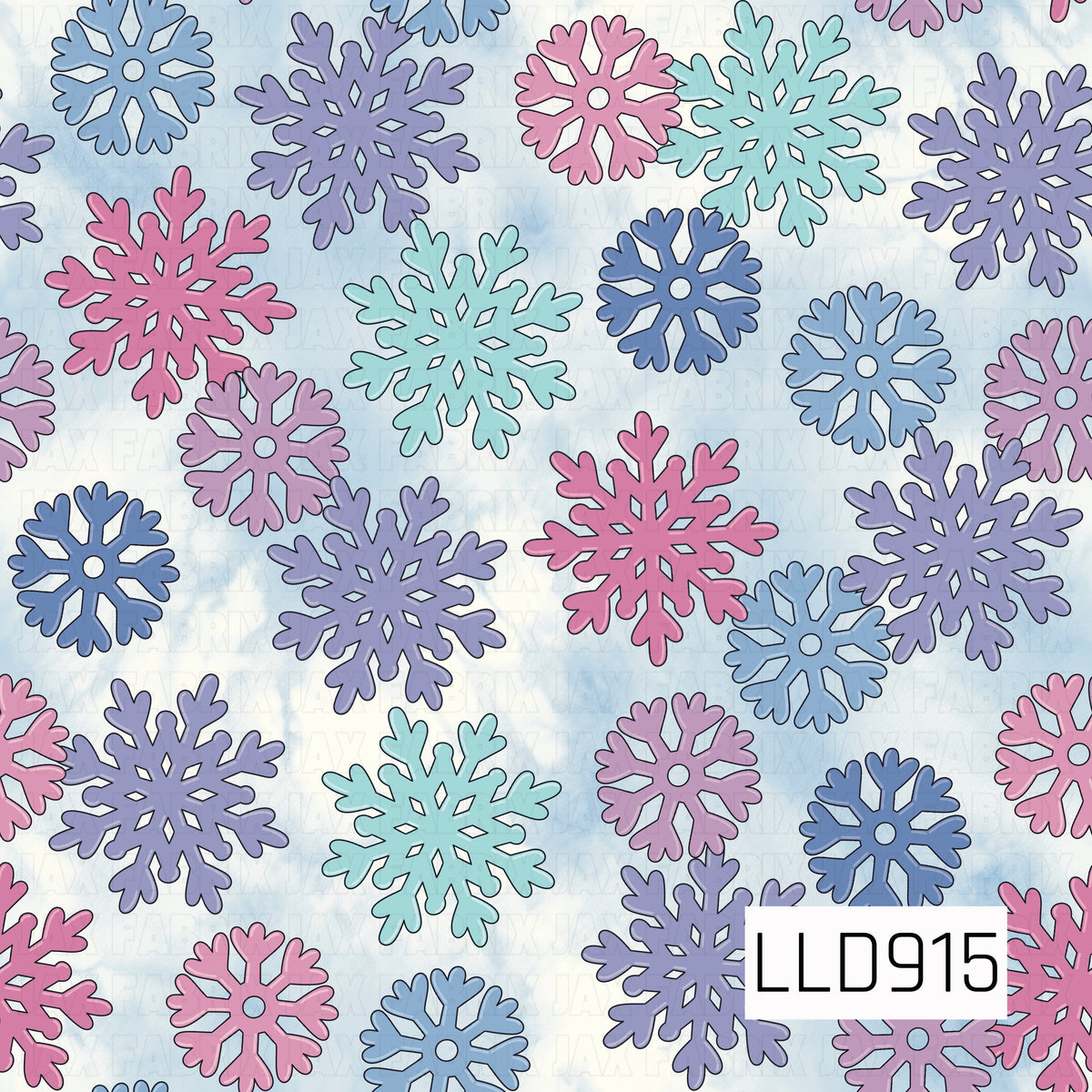A playful winter design featuring oversized snowflakes in shades of pink, lavender, aqua, and blue. The mix of snowflake shapes and sizes is scattered across a soft icy blue and white watercolor-style background, creating a colorful and whimsical winter feel.
