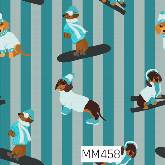 A playful winter pattern featuring bundled-up dachshunds dressed in cozy sweaters, scarves, hats, earmuffs, and boots. The pups are shown snowboarding, skiing, and dressed for the cold, scattered across bold vertical stripes in icy blue, teal, and soft gray.