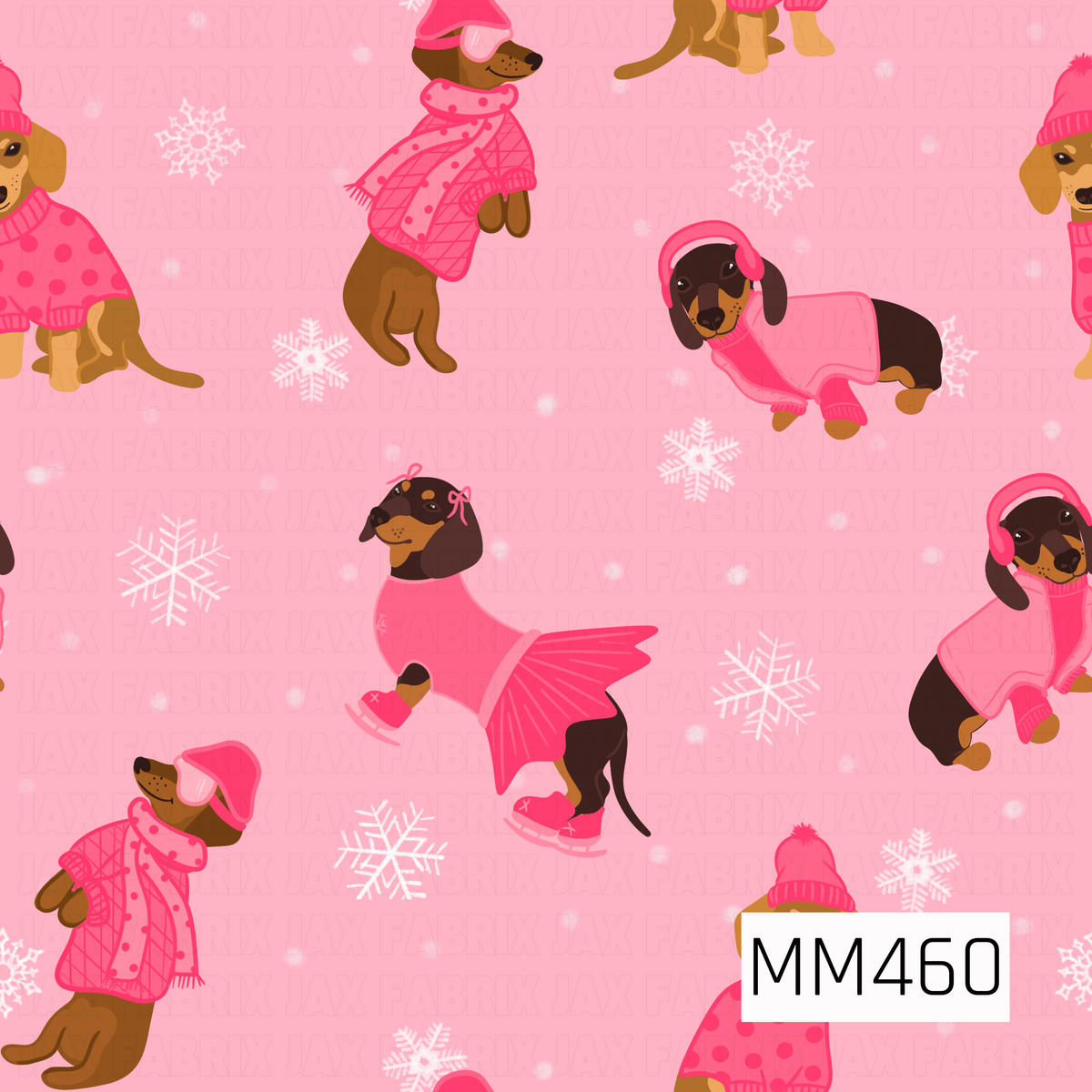 A playful winter pattern featuring dachshunds bundled up in shades of bright pink. The pups wear cozy sweaters, scarves, hats, earmuffs, and ice skates, surrounded by scattered white snowflakes and softly falling snow on a pink background.