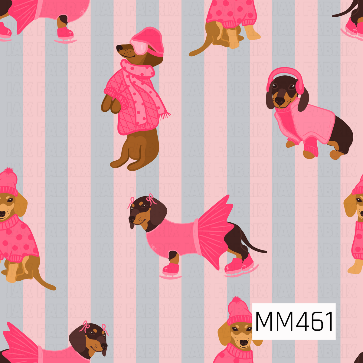 A playful winter pattern featuring dachshunds dressed in bright pink sweaters, scarves, hats, earmuffs, and ice skates. The bundled-up pups are scattered across alternating soft pink and icy blue vertical stripes for a cute, colorful winter look.