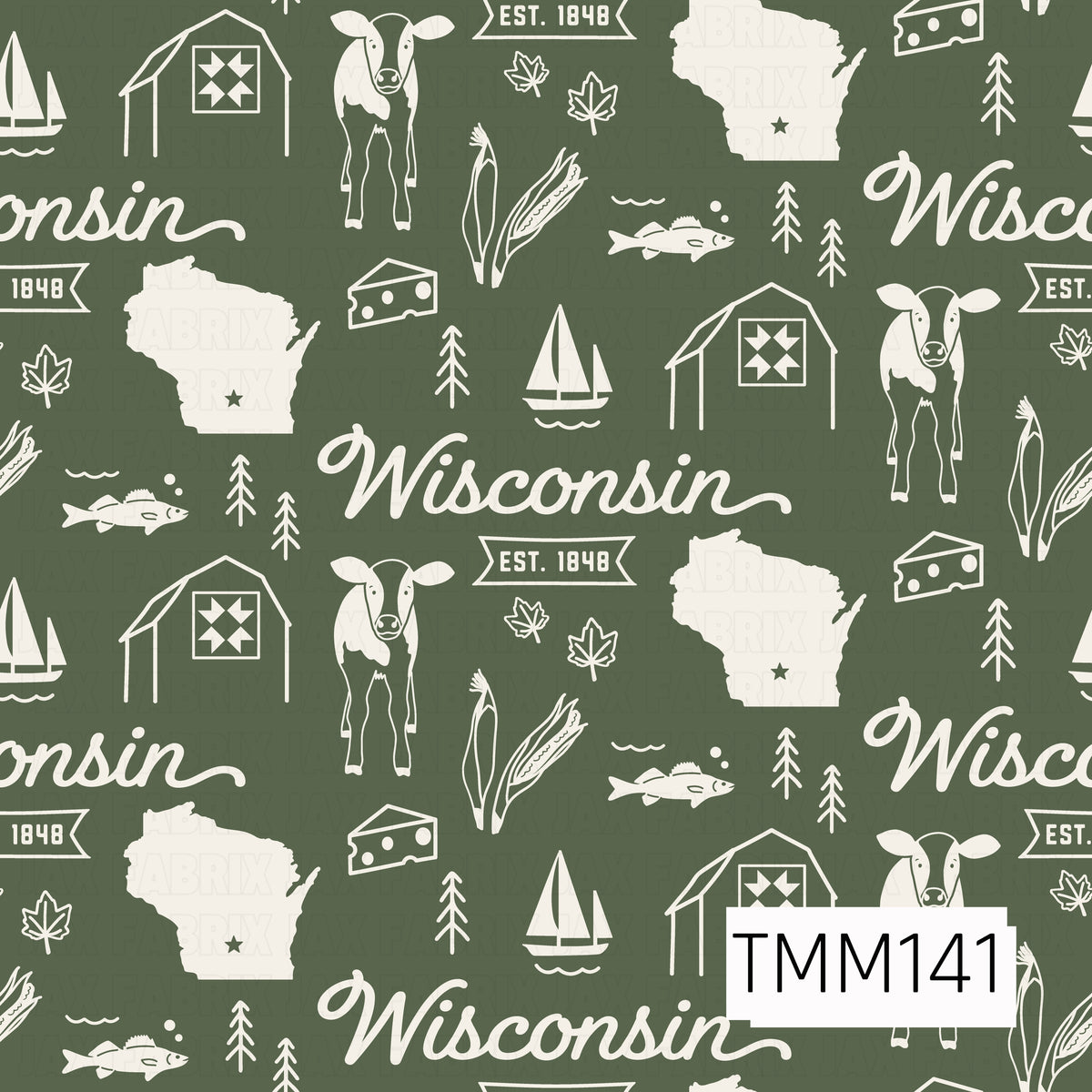 A rustic Wisconsin-themed seamless pattern featuring vintage-inspired illustrations of dairy cows, barns with quilt details, Wisconsin state silhouettes, cheese wedges, fish, sailboats, corn stalks, autumn leaves, and pine trees. The design includes elegant Wisconsin lettering and “Est. 1848” accents in soft cream against a rich forest green background, creating a charming farmhouse feel with a cozy, nostalgic Midwestern touch.