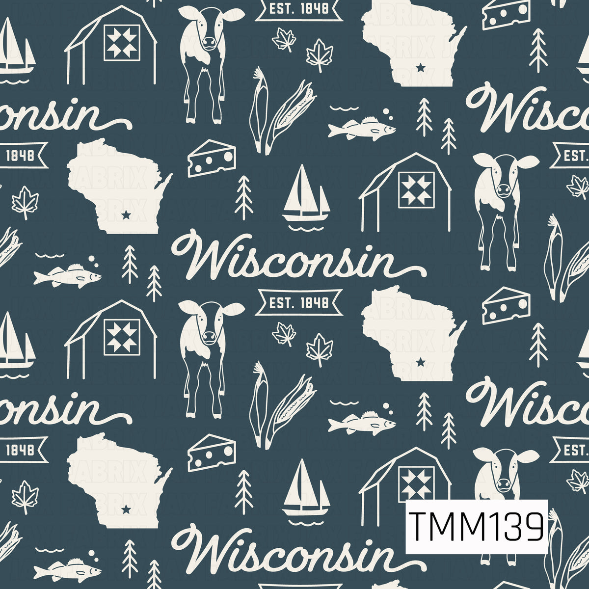 A rustic Wisconsin-themed seamless pattern featuring vintage-inspired illustrations of dairy cows, barns with quilt details, Wisconsin state silhouettes, cheese wedges, fish, sailboats, corn stalks, autumn leaves, and pine trees. The design includes elegant Wisconsin lettering and “Est. 1848” accents in soft cream against a deep navy blue background, creating a charming farmhouse feel with a classic, nostalgic Midwestern touch.