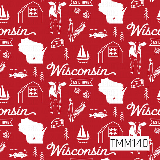 A rustic Wisconsin-themed seamless pattern featuring vintage-inspired illustrations of dairy cows, barns with quilt details, Wisconsin state silhouettes, cheese wedges, fish, sailboats, corn stalks, autumn leaves, and pine trees. The design includes bold Wisconsin lettering and “Est. 1848” accents in crisp white against a vibrant red background, creating a charming farmhouse feel with a classic, nostalgic Midwestern touch.