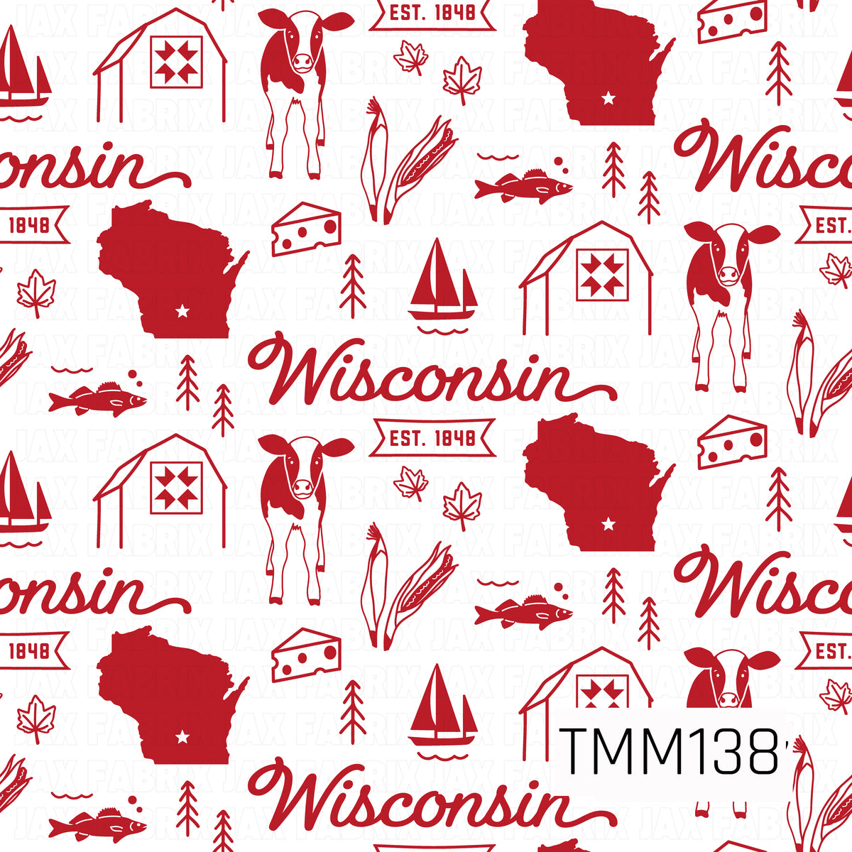 A rustic Wisconsin-themed seamless pattern featuring vintage-inspired illustrations of dairy cows, barns with quilt details, Wisconsin state silhouettes, cheese wedges, fish, sailboats, corn stalks, autumn leaves, and pine trees. The design includes bold Wisconsin lettering and “Est. 1848” accents in vibrant Wisconsin red against a crisp white background, creating a charming farmhouse feel with a classic Midwestern touch.