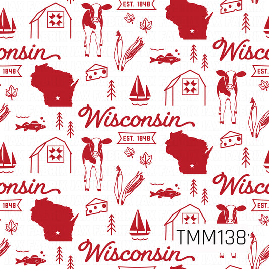 A rustic Wisconsin-themed seamless pattern featuring vintage-inspired illustrations of dairy cows, barns with quilt details, Wisconsin state silhouettes, cheese wedges, fish, sailboats, corn stalks, autumn leaves, and pine trees. The design includes bold Wisconsin lettering and “Est. 1848” accents in vibrant Wisconsin red against a crisp white background, creating a charming farmhouse feel with a classic Midwestern touch.