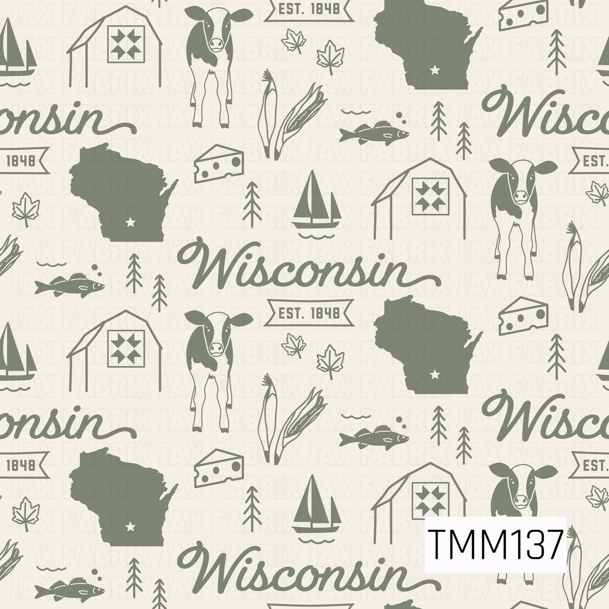 A rustic Wisconsin-themed seamless pattern featuring vintage-inspired illustrations of dairy cows, barns with quilt details, Wisconsin state silhouettes, cheese wedges, fish, sailboats, corn stalks, autumn leaves, and pine trees. The design includes elegant Wisconsin lettering and “Est. 1848” accents in muted sage green against a soft cream background, creating a charming farmhouse feel with a cozy, nostalgic Midwestern touch.