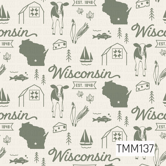 A rustic Wisconsin-themed seamless pattern featuring vintage-inspired illustrations of dairy cows, barns with quilt details, Wisconsin state silhouettes, cheese wedges, fish, sailboats, corn stalks, autumn leaves, and pine trees. The design includes elegant Wisconsin lettering and “Est. 1848” accents in muted sage green against a soft cream background, creating a charming farmhouse feel with a cozy, nostalgic Midwestern touch.
