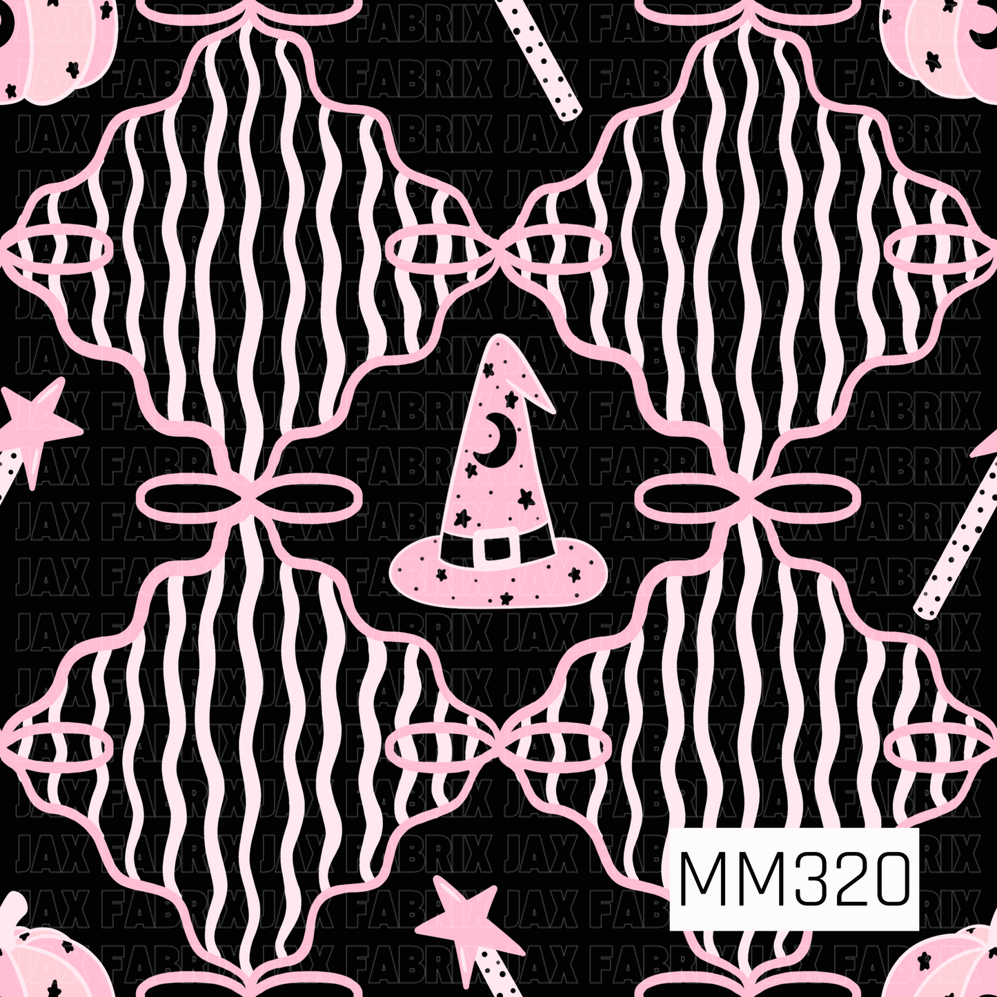 A whimsical seamless Halloween pattern featuring oversized layered bow outlines in soft blush pink, accented with pink witch hats, magic wands, stars, and pumpkins on a bold black background. The playful mix of spooky icons and feminine details creates a fun, magical coordinating print perfect for a cute Halloween collection.
