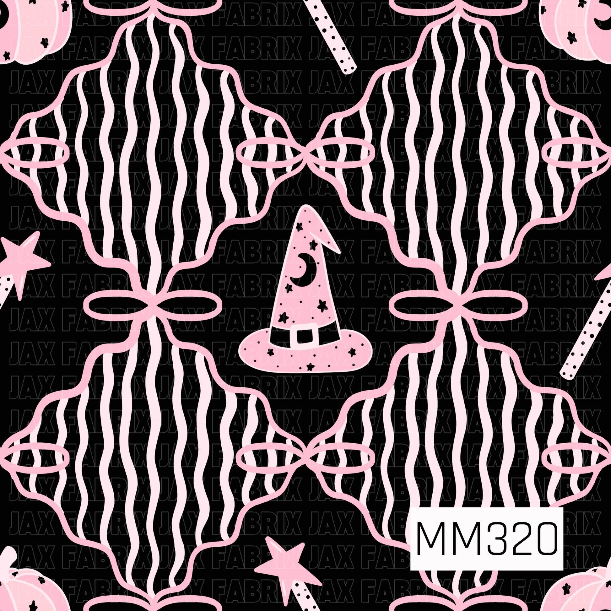 A whimsical seamless Halloween pattern featuring oversized layered bow outlines in soft blush pink, accented with pink witch hats, magic wands, stars, and pumpkins on a bold black background. The playful mix of spooky icons and feminine details creates a fun, magical coordinating print perfect for a cute Halloween collection.
