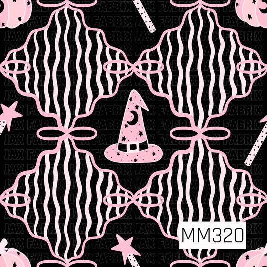 A whimsical seamless Halloween pattern featuring oversized layered bow outlines in soft blush pink, accented with pink witch hats, magic wands, stars, and pumpkins on a bold black background. The playful mix of spooky icons and feminine details creates a fun, magical coordinating print perfect for a cute Halloween collection.
