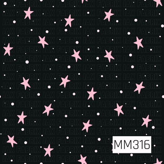 A simple seamless pattern featuring scattered soft pink stars and tiny coordinating dots on a solid black background. This clean celestial design adds a whimsical spooky-cute touch, making it a perfect coordinating print for Halloween, witchy, coquette, and dreamy collections.
