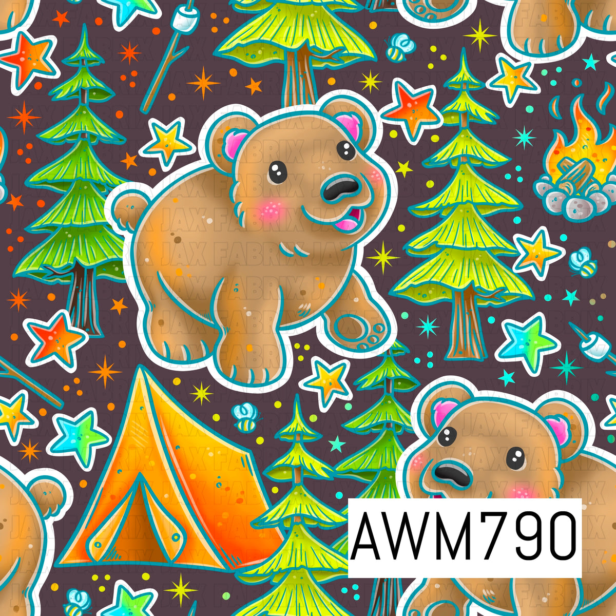 A charming seamless pattern featuring adorable bears, pine trees, camping tents, campfires, mushrooms, marshmallow roasting sticks, stars, and tiny forest accents on a deep brown background. This playful outdoor design is perfect for apparel, quilts, blankets, nursery décor, pajamas, bows, bags, and other camping- and woodland-themed sewing and crafting projects.