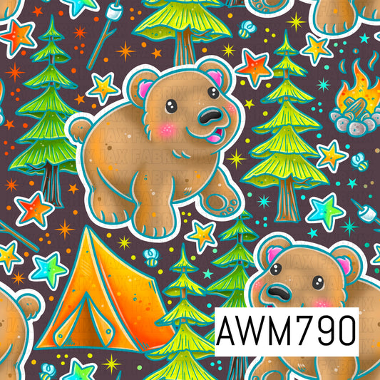 A charming seamless pattern featuring adorable bears, pine trees, camping tents, campfires, mushrooms, marshmallow roasting sticks, stars, and tiny forest accents on a deep brown background. This playful outdoor design is perfect for apparel, quilts, blankets, nursery décor, pajamas, bows, bags, and other camping- and woodland-themed sewing and crafting projects.