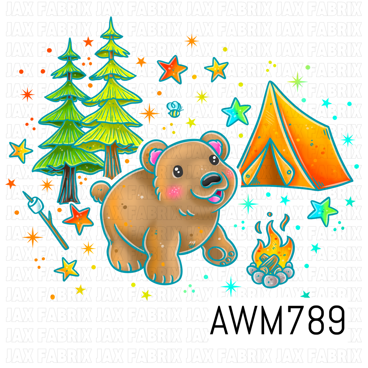 A playful PNG featuring an adorable bear, pine trees, a camping tent, a campfire, roasting marshmallow stick, colorful stars, and tiny forest accents in bright woodland colors. This charming outdoor-themed artwork is perfect for apparel, bows, bags, stickers, tumblers, nursery décor, and other camping-inspired sewing and crafting projects.