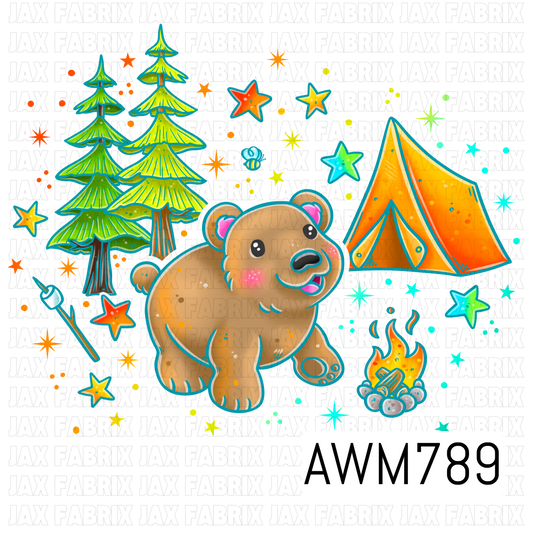 A playful PNG featuring an adorable bear, pine trees, a camping tent, a campfire, roasting marshmallow stick, colorful stars, and tiny forest accents in bright woodland colors. This charming outdoor-themed artwork is perfect for apparel, bows, bags, stickers, tumblers, nursery décor, and other camping-inspired sewing and crafting projects.