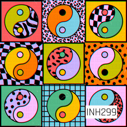 very bright yin yang pattern in squares with different designs. cheetah, c\wavy check, spots and solids 