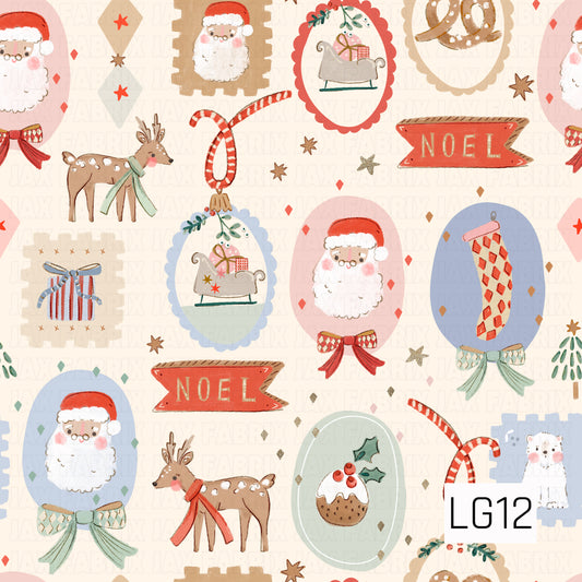 A whimsical vintage Christmas pattern filled with hand-painted holiday illustrations including rosy-cheeked Santas, reindeer, sleighs, stockings, presents, bows, candy canes, Christmas pudding, pretzels, stars, and “Noel” banners. Soft pink, powder blue, mint, red, and warm neutrals give it a playful nostalgic feel.
