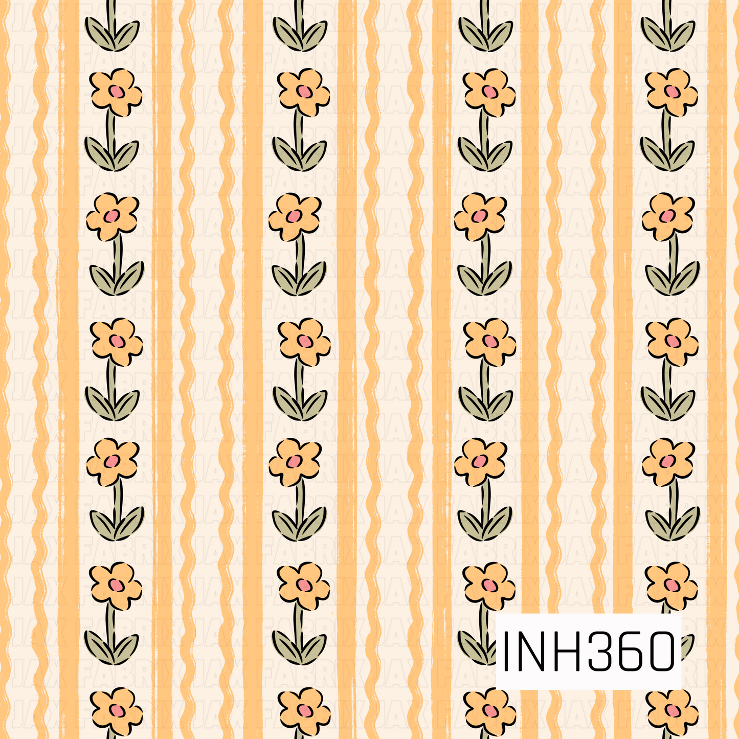 A seamless striped pattern featuring rows of charming golden yellow flowers with sage green leaves, paired with hand-drawn wavy stripes in warm shades of honey, cream, and soft peach. The delicate, vintage-inspired design has a cozy, cheerful feel with a subtle textured finish.
