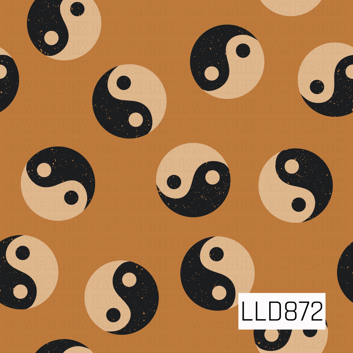 A retro-inspired seamless pattern featuring bold yin-yang symbols in black and cream scattered across a warm burnt orange background. Subtle distressed speckling throughout the dark sections gives the design a worn, vintage feel with a groovy 70s-inspired look.
