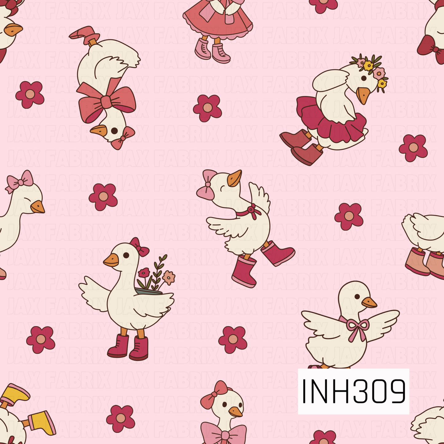 Sweet geese dressed in bows, boots, flowers, and frilly accessories wander across a soft pink background, surrounded by scattered blooms for a charming and whimsical cottage-core design.

