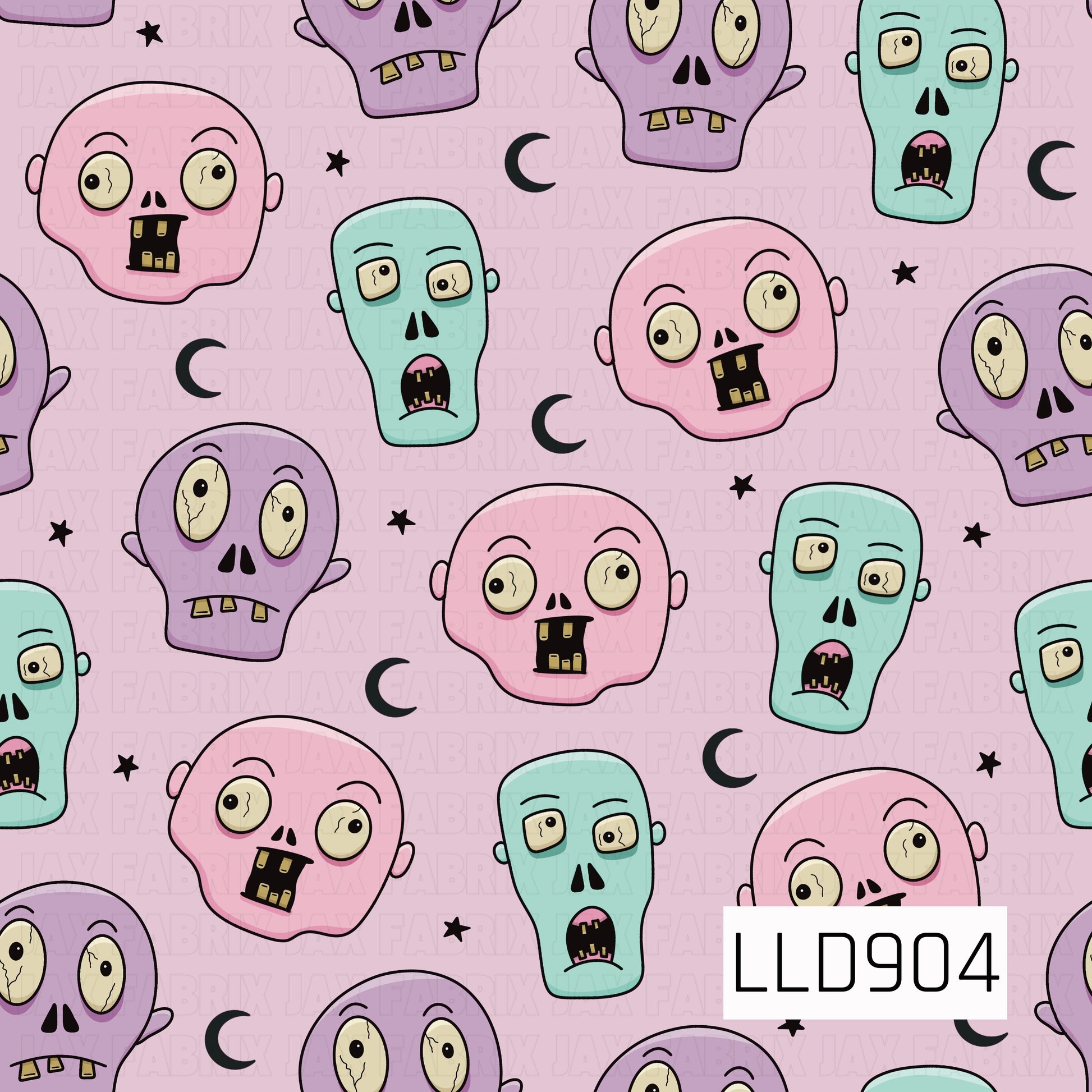 A playful pastel zombie pattern featuring quirky zombie faces in pink, purple, and mint green with oversized eyes, crooked teeth, and silly expressions. Black crescent moons and scattered stars add a spooky touch against the soft pink background, giving the design a fun, girly Halloween vibe.
