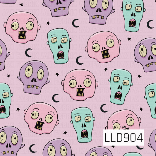 A playful pastel zombie pattern featuring quirky zombie faces in pink, purple, and mint green with oversized eyes, crooked teeth, and silly expressions. Black crescent moons and scattered stars add a spooky touch against the soft pink background, giving the design a fun, girly Halloween vibe.
