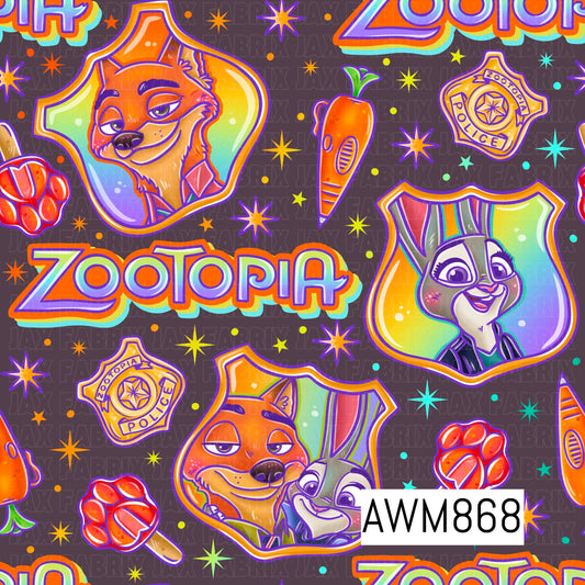 A vibrant character-inspired pattern featuring a clever fox and energetic bunny surrounded by colorful police badges, carrots, paw-shaped popsicles, and sparkling stars. Set against a dark background with rainbow accents and bold neon colors, this playful design captures a fun, adventurous city-animal theme with a bright retro-pop aesthetic.