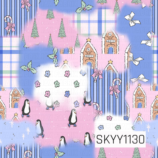 A whimsical patchwork-style Christmas pattern featuring playful holiday scenes in pastel pink, blue, mint, and white. The design mixes gingerbread houses, skating penguins, Christmas trees, candy canes with bows, holly, tiny florals, and striped accents layered together in a fun collage effect.
