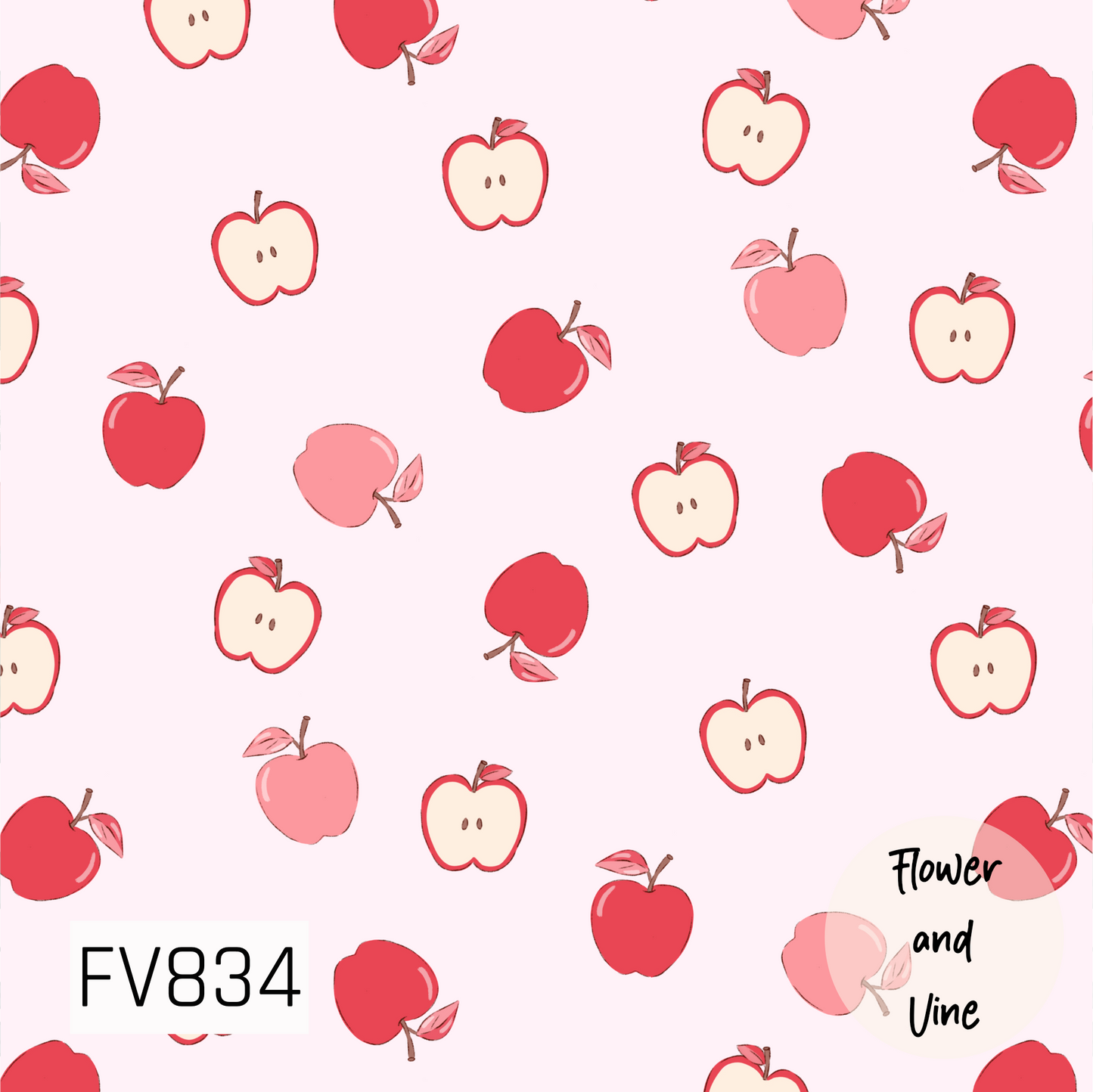 A sweet, hand-drawn apple print featuring scattered whole and sliced apples in cheerful red, rosy pink, and creamy ivory. Tiny leaves, stems, and sketch-style details add a playful, whimsical touch, while the soft blush pink background keeps the design light and charming. Perfect for back-to-school, teacher-inspired, fall, or everyday designs.
