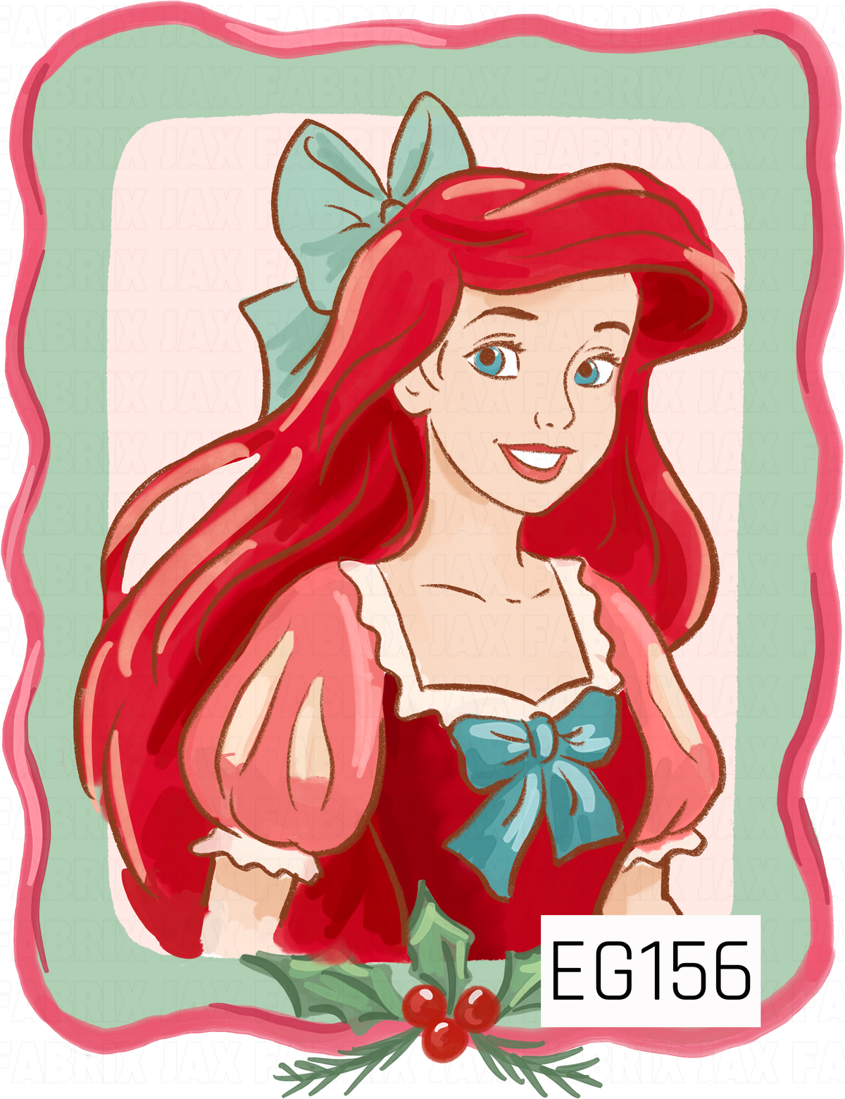 A festive red-haired princess portrait framed in mint green and pink, accented with a teal bow, soft pink details, and holiday holly and berries.
