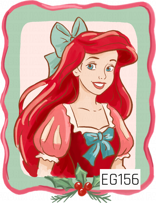 A festive red-haired princess portrait framed in mint green and pink, accented with a teal bow, soft pink details, and holiday holly and berries.

