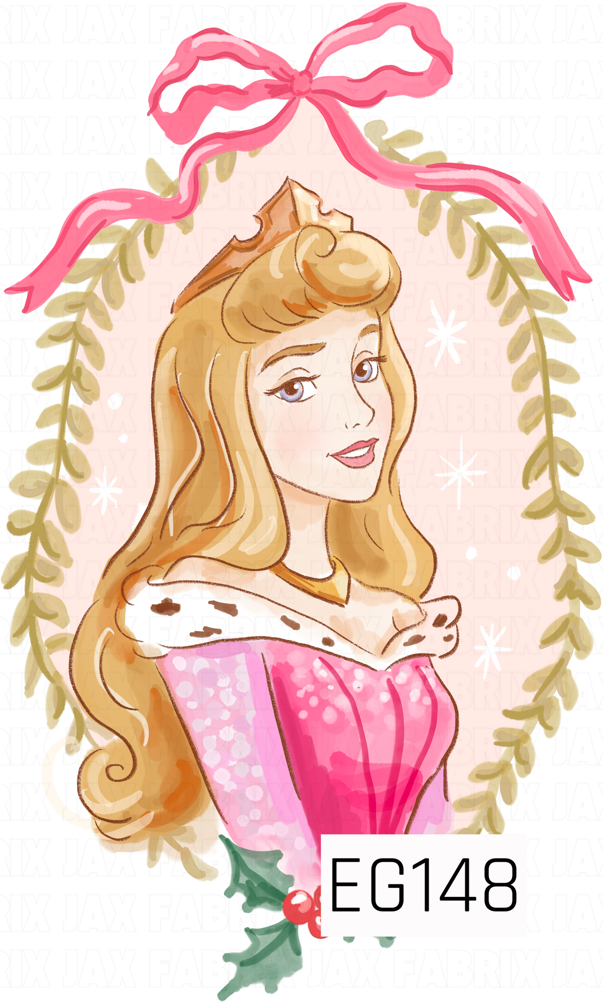 A dreamy storybook princess design featuring a golden-haired princess in a sparkling pink gown, framed with soft greenery and topped with a flowing pink bow.
